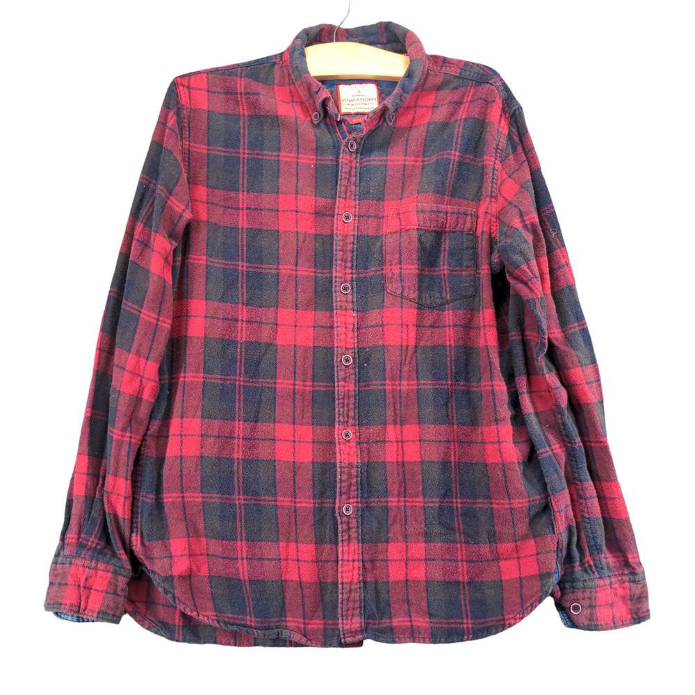 Denim & Flower Mens Button Up Flannel Shirt Red M Plaid Slim Fit Long Sleeve